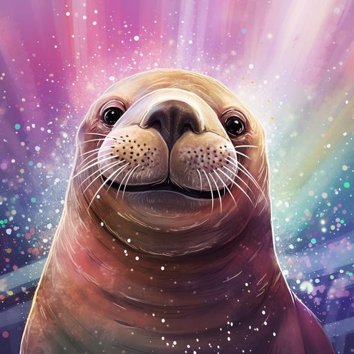 Cartoon style, little walrus with glitter on nose looking at camera, colorful background