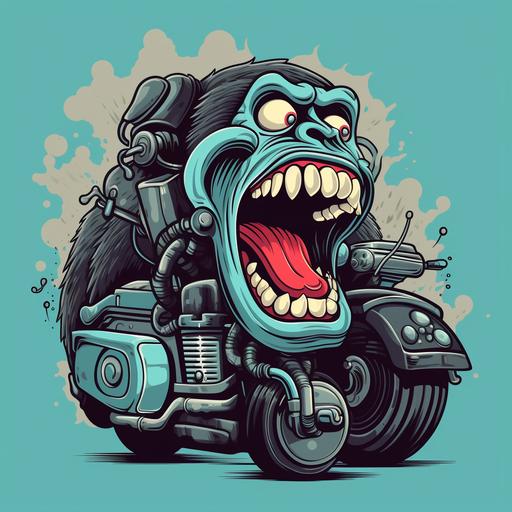 Cartoon style motor with face and mouth of gorilla, has bad breath coming from mouth