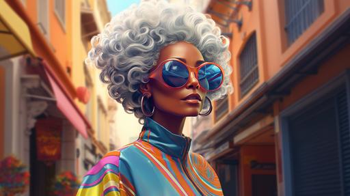 Cartoon style,jet black straight hairstyle,dark skinned beautiful black elderly woman with an athletic figure,tight jeans and sneakers strolling around the neighborhood,vibrant pastel colors, :: 32k, --ar 16:9