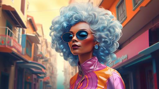 Cartoon style,jet black straight hairstyle,dark skinned beautiful black elderly woman with an athletic figure,tight jeans and sneakers strolling around the neighborhood,vibrant pastel colors, :: 32k, --ar 16:9