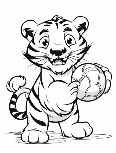 Cartoon tiger playing volleyball, outlined in black and white with clear, thick lines for a preschool coloring book, simple cartoon style, isolated on a white background,thick lines, no shadow, no gradient, --ar 3:4