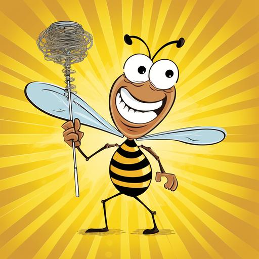 Cartoon wasp, smiling, holding a kitchen whisk, in the style of Tex Avery and Bob Clampett, album cover art design for a band called 
