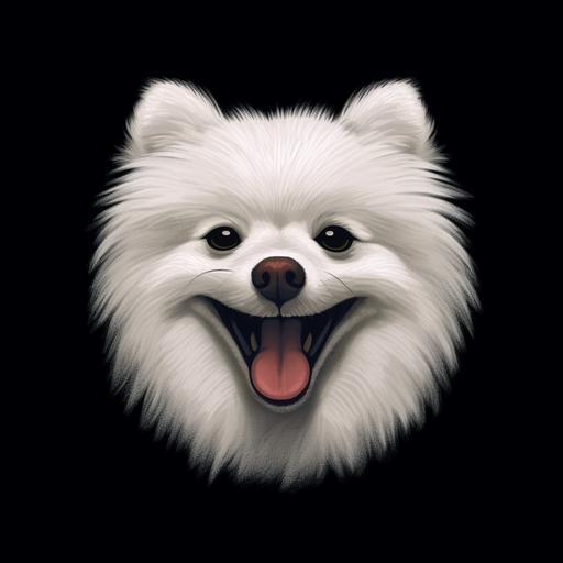 Cartoon, white Pomeranian, tongue sticking out, black background