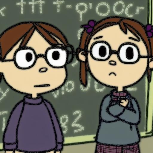 Cartoon. twin girls stand in front of a chalkboard filled with mathematical formulas and equations. They are both holding a pencil and a piece of paper, and they appear to be deeply concentrated and thoughtful. They are wearing identical clothing. Both have brown hair and round glasses. One have pink glasses the other one have purple glasses. They both go to first grade.