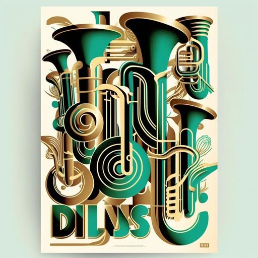 poster brass instruments, 2 color, tropical, letterpress, woodcut, big letters, futuristic, minimalistic