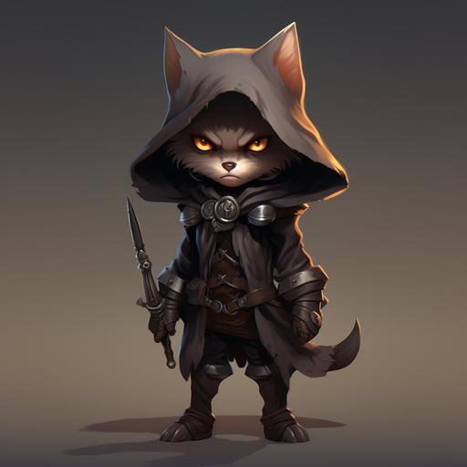 Cat Assassin, Female, World of Warcraft, Full body,Claw weapon, 2D hand-drawn,Hooded cloak, Mysterious, Cartoon, Head-to-body ratio of 1:3