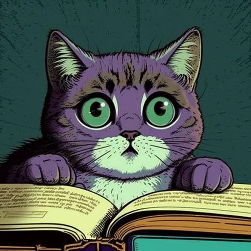 cartoon style frightened wide-eyed cat books purple 1970s