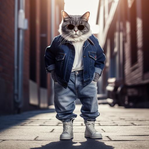 Cat in sunglasses, dressed in trendy denim pants, striking a pose on two feet, urban street style backdrop, cool tones, 3:4 ratio, exuding confidence and chic vibes.