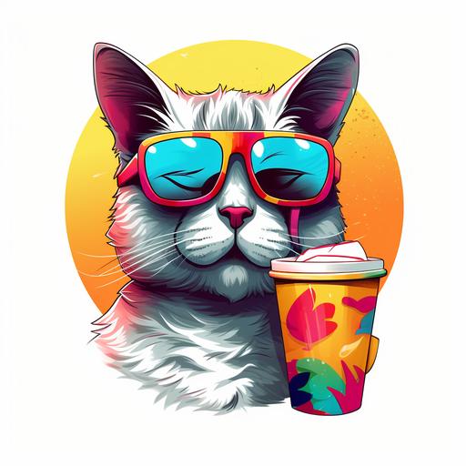 Cat wearing sunglasses while holding a cup coffee cartoon and the colorful white background