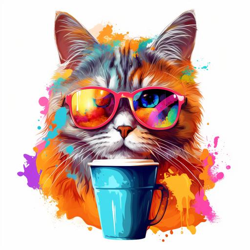 Cat wearing sunglasses while holding a cup coffee cartoon and the colorful white background