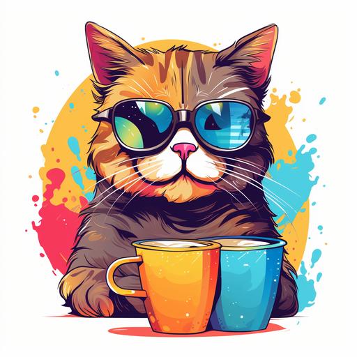 Cat wearing sunglasses while holding a cup coffee cartoon and the colorful white background