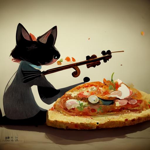 Cats eating pizza while playing violins, anime style