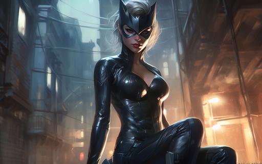 Catwoman latex silver catsuit boots Stanley Artgerm Lau style robbery police lights dark night --ar 16:10 --s 750 --v 5 --q 5