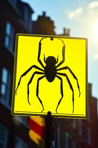 Cautionary/warning sign in downtown sunlit London: massive latrodectus crossing, in the style of embossed black on reflective fluorescent yellow --ar 2:3