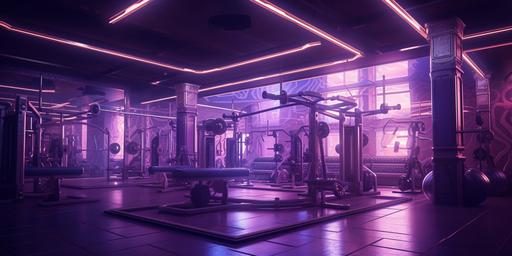 purple cinematic lighting, gym weight, side view, ilustration cartoon, gym, cyberpunk, 8k, HDR --ar 2:1