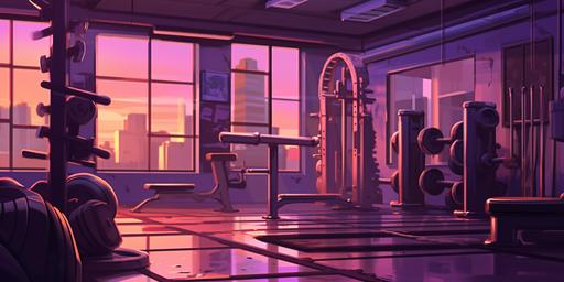 purple cinematic lighting, lofi style illustration, washer weight, side view, ilustration cartoon, gym, 8k, HDR --ar 2:1