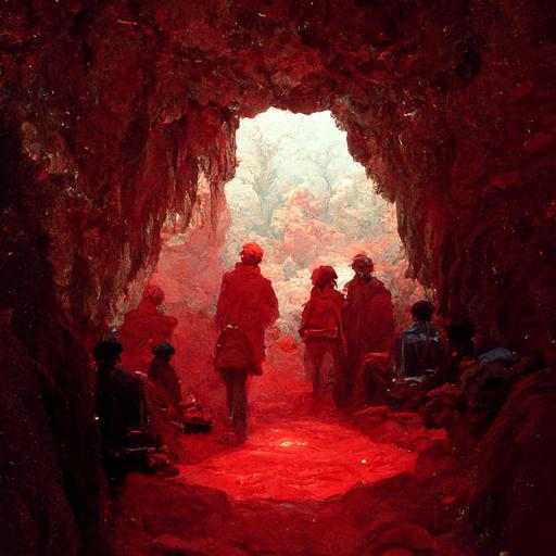 Cave with people with red light scary fasce hefty mess