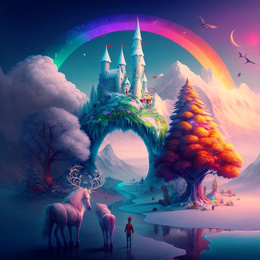 fantasy world with children playing on unicorns,rainbows,christmas trees,happy,mountains,magic trees, v-ray, v4