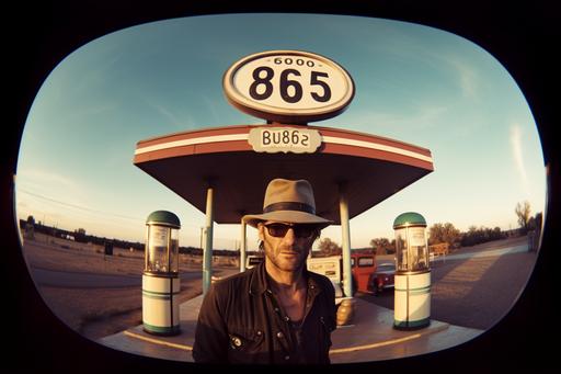 Cernunnos's Road Trip: Follow the god of the woods as he takes a cross-country road trip in his vintage camper van. Keywords: Route 66, gas station, retro signs, cowboy hat, guitar. Camera: Film camera, Lens: fisheye, Time of day: sunrise, Photography style: vintage, Film: 16mm, Realism level: dreamy, Shooting mode: shutter priority, Camera settings: high ISO, Post-processing techniques: grain, vignette. --ar 3:2 --v 5