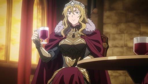 Cersei Lannister, screenshot fantasy anime, full body, holding cup of wine, adult, pretty woman, style of studio ghibli anime --ar 16:9 --niji