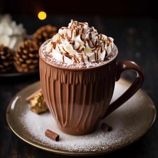 Certainly! How about the idea of a luxurious hot chocolate? An image of a cup filled with rich hot chocolate, topped with a thick layer of fresh cream, and adorned with thin slices of cocoa chocolate. There might be a touch of cinnamon or a light dusting of cocoa for an extra flavor boost. What do you think of this idea for a hot chocolate cup?