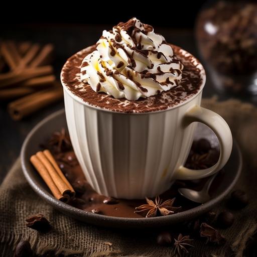 Certainly! How about the idea of a luxurious hot chocolate? An image of a cup filled with rich hot chocolate, topped with a thick layer of fresh cream, and adorned with thin slices of cocoa chocolate. There might be a touch of cinnamon or a light dusting of cocoa for an extra flavor boost. What do you think of this idea for a hot chocolate cup?