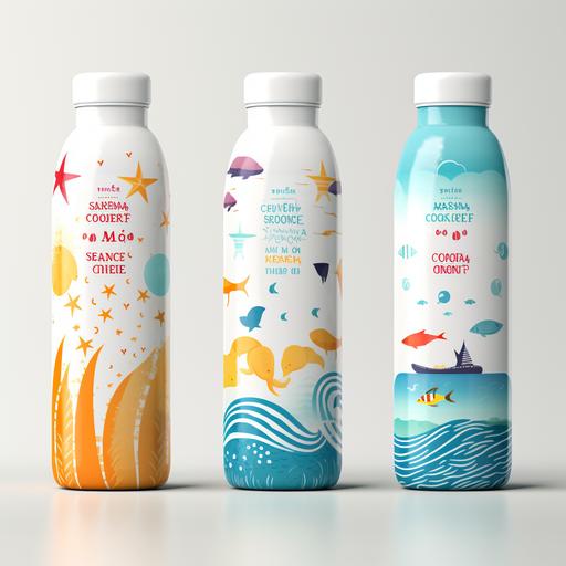 Certainly, here are the translations of the keywords and themes for designing a milk bottle packaging with an ocean and summer theme: Ocean Summer Azure blue Sun Marine life Sea turtle Starfish Tropical fish Beach Beach toys Ice cream Fresh Summer fun Lively Handwritten font Fresh milk Playing in the sand Pure Packaging texture Milk bottle These keywords can help you brainstorm and design an attractive and theme-relevant milk bottle packaging. Using these keywords as a starting point, you can begin to create your own design concept. Regenerate