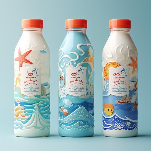 Certainly, here are the translations of the keywords and themes for designing a milk bottle packaging with an ocean and summer theme: Ocean Summer Azure blue Sun Marine life Sea turtle Starfish Tropical fish Beach Beach toys Ice cream Fresh Summer fun Lively Handwritten font Fresh milk Playing in the sand Pure Packaging texture Milk bottle These keywords can help you brainstorm and design an attractive and theme-relevant milk bottle packaging. Using these keywords as a starting point, you can begin to create your own design concept. Regenerate