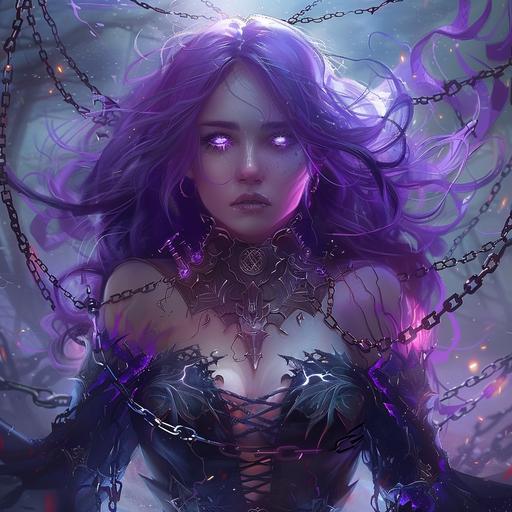 Chained in a trap, and in prision, chained by magical energy, A female celestrial sorcerer Purple hair wild magic sorcerer. Weak. She is surrounded by a pure white sky background,    Beauitful, A beautiful celestrial sorceress - beautiful mage dress - purple hair Hyper realistic high fantasy Elegant, Being shacked and chained