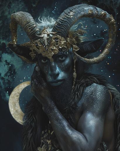 Chalcedonypunk, African renaissance satyr with black sparkling eyes, midnight sky full of glittering stars and crescent moon background --ar 8:10 --v 6.0
