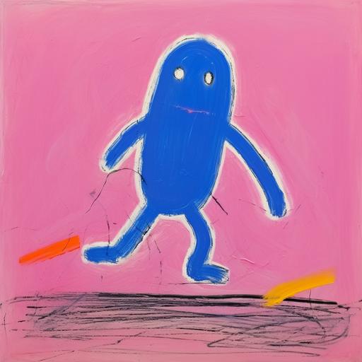 Chalk drawing, abstract, more than tactile, master Chinese Sanyu painting style, strong lines, Fauvism, A funny Klein blue cute hello kitty tanding on the ground, Chinese Sanyu painting style, crayons hand draw, Colored chalk strokes, pink background