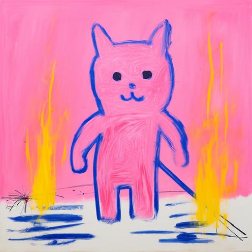 Chalk drawing, abstract, more than tactile, master Chinese Sanyu painting style, strong lines, Fauvism, A funny Klein blue cute hello kitty tanding on the ground, Chinese Sanyu painting style, crayons hand draw, Colored chalk strokes, pink background