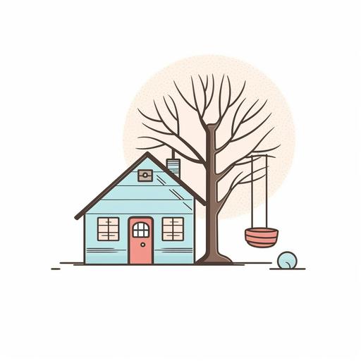 Change line weight. retro simple line art illustration minimalism simple house with a tree and tire swing pastel color palette white background --v 5.1 --s 750