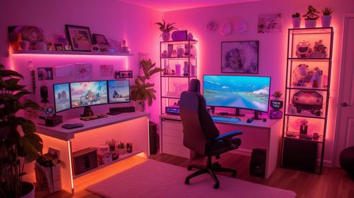 Streamer's room, cute, led lights, vtuber room, girl gamer, gamer girl's room, pink chair, anime figurines, cute, --ar 16:9 --q 2 --v 5 --s 750