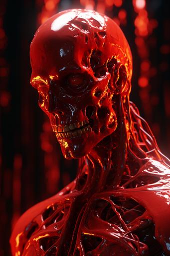 Charachter design, an anachronistic frankenstein made out of liquid mercury, vast age, epic body detail, realistic 3d render, reflective surfaces, light rays, shiny surfaces, realistic proportions, volumetric lighting,ray - traced reflections, cyberpunk ray tracing, mycelium abstract image ultra neon red colour shade, --ar 2:3