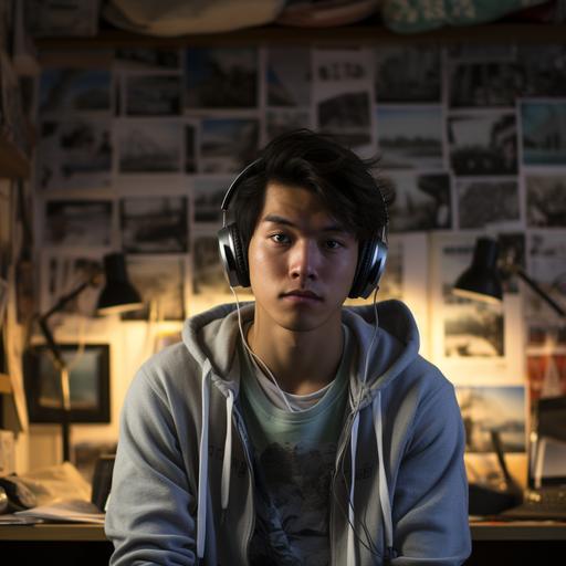Character: Asian Male University Student, facing straight on to screen, has headphones around neck Background: bedroom setting with numerous posters on the wall. Natural lightening.