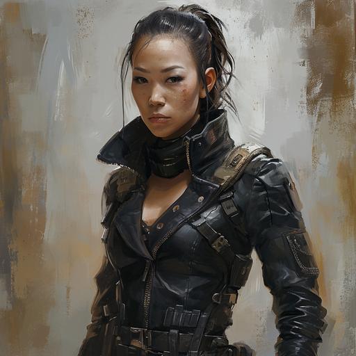 Character Illustration, Michelle Yeoh as a Cyberpunk Mercenary, Muted colors, Concept art by Eve Ventrue --v 6.0