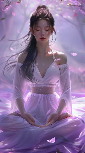 Character: In the center of the picture is a beautiful female meditator. She is wearing a light gauze skirt, with long hair hanging naturally, and a quiet and elegant face. Her eyes were slightly closed, as if listening to her inner voice, showing a focused and profound look. She was facing forward, with her hands in a meditative posture. Background: Use elegant purple or pink as the base tone to create a dreamy atmosphere. Bright light, shadow and delicate texture can be incorporated into the background to add a sense of mystery and layering. Elements: A soft halo or band of light can be added around a woman, like an angel's halo, to highlight her purity and nobility. At the same time, you can embellish it with some dreamy elements, such as fluttering petals, twinkling stars or light butterflies, to make the picture more beautiful and moving. Atmosphere: The entire picture should be full of tranquility, peace and dreaminess, so that the audience can feel the tranquility and beauty of mindfulness meditation when viewing it.32k --ar 9:16
