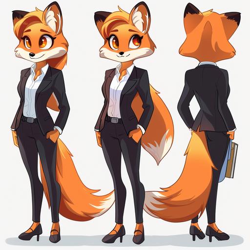 Character Name: Melissa Character Description: Melissa is a young, intelligent fox with smooth orange fur and bright amber eyes. She dresses in a simple yet stylish office attire, including a white shirt, black suit jacket and pants, and comfortable leather shoes. Her appearance exudes confidence and professionalism. Three Views: Front View: Showing Melissa's front-facing appearance, including facial features and clothing. Side View: Showing Melissa's side profile, allowing observation of body proportions and details. Back View: Showing Melissa's back-facing appearance, potentially including her hairstyle and details on her back. Non-Standard Combat Pose Illustration: To showcase Melissa's special abilities as a fox, we can design an illustration depicting her in a pose that demonstrates her agility and cleverness, similar to that of a fox. For example, she could be depicted standing on top of an office desk, holding a folder in one hand and a pen in the other, with a focused gaze ahead, portraying her as a smart office worker. I will provide both the source files and the finished images in JPG format. Please wait a moment while I complete the design for you