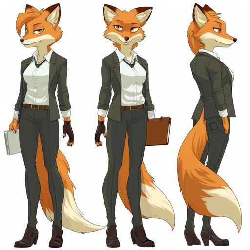 Character Name: Melissa Character Description: Melissa is a young, intelligent fox with smooth orange fur and bright amber eyes. She dresses in a simple yet stylish office attire, including a white shirt, black suit jacket and pants, and comfortable leather shoes. Her appearance exudes confidence and professionalism. Three Views: Front View: Showing Melissa's front-facing appearance, including facial features and clothing. Side View: Showing Melissa's side profile, allowing observation of body proportions and details. Back View: Showing Melissa's back-facing appearance, potentially including her hairstyle and details on her back. Non-Standard Combat Pose Illustration: To showcase Melissa's special abilities as a fox, we can design an illustration depicting her in a pose that demonstrates her agility and cleverness, similar to that of a fox. For example, she could be depicted standing on top of an office desk, holding a folder in one hand and a pen in the other, with a focused gaze ahead, portraying her as a smart office worker. I will provide both the source files and the finished images in JPG format. Please wait a moment while I complete the design for you