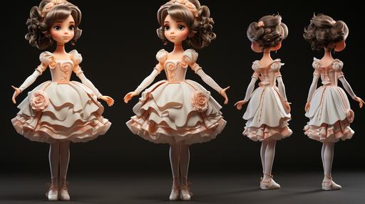 Character ballerina doll, different angles, character sheet --ar 16:9 --s 250 --v 5.2