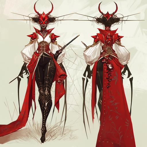 Character concept, black Arachne geisha, dressed red and white clothes, pants, medieval fantasy, nordic style fashion, high boots, very detailed, fantasy character, d& d character, artstation, concept art, smooth, sharp focus, by Alex Ross --niji 6
