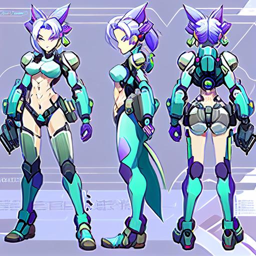 Character design, a female cyborg bounty hunter, neon blue hair tied into a tail, a cute fact with cybernetic implants for eyes, blue and white cybernetic armor that covered her entire body, reinforced breastplate, slender armor design, holding a large plasma rifle in her arms, Clean Lines, Maximum detail, full body, neon lighting, anime style, 8K, art by Jorge Jimenez, Mamoru Oshii, full colored, neon colors, ProPhoto RGB, Accent Lighting, Optics, digital art, popular on Artstaion, ar 3:2 --upbeta --q 2