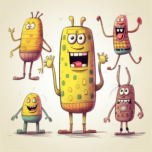 Character design from all angles, cartoon character, big body, thin legs and arms, Spongebob style