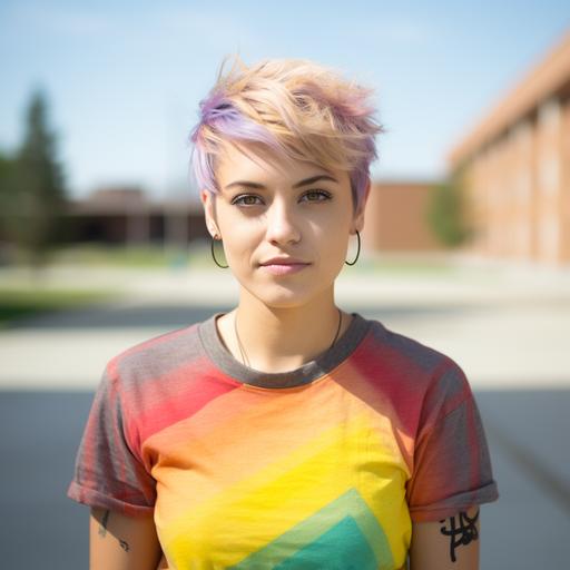 Character: head shot of an Caucasian Female University Student, short hair, nose ring, rainbow flag logo on shirt, looking straight at the camera. Background: outside at a university campus, during the day.