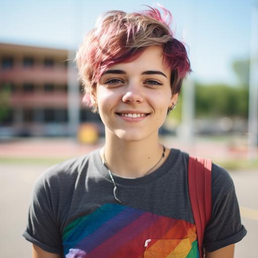 Character: head shot of an Caucasian Female University Student, short hair, nose ring, rainbow flag logo on shirt, looking straight at the camera. Background: outside at a university campus, during the day.