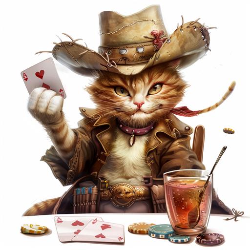 Character sheets,many types cat,playing poker cat, poker card , Cowboy Hat , chips, pixer, White background, 8k --v 6.0 --s 50