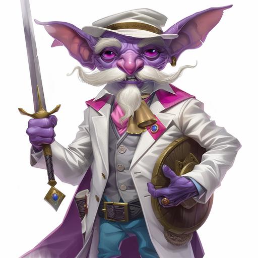 Character. About 3’ tall, a dark greyish purple skin, violet eyes, white hair and mutton chops/mustache, looks about 40 years old, mature and kind, pointed gnomish ears. He is wearing white, grey, pink, and cyan clothing. A white suit with tails and pink lapels, a gold scarf tied around his neck as a tie, grey dress shirt with a cyan vest. A tall white wool top hat with a pink fabric band around it. He carries a wooden shield with a runic emblem on it. A sunblade - a longsword with a hilt. The blade glows the color of golden sunshine and shines light around it