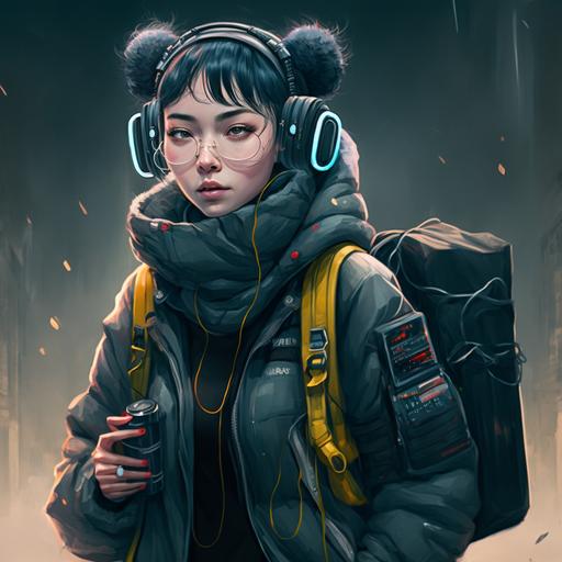 Characters,fullbody photo of streetwear style, Y2K style,A beautiful chinese girl waering goblincore suit with headphones and bagpack, black short hair, winter clothing overlay level,Scarves and Beanies，matrix,dynamic light, hyper detailed, ultra realistic, 8k --q 2 --v 4