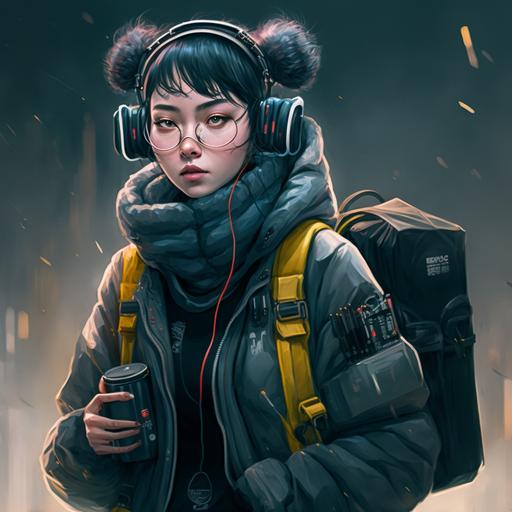 Characters,fullbody photo of streetwear style, Y2K style,A beautiful chinese girl waering goblincore suit with headphones and bagpack, black short hair, winter clothing overlay level,Scarves and Beanies，matrix,dynamic light, hyper detailed, ultra realistic, 8k --q 2 --v 4